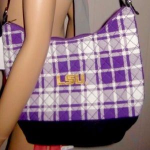 NWT $69 LSU FIGHTING TIGERS Quilted Plaid Bucket Purse - Shoulder Strap
